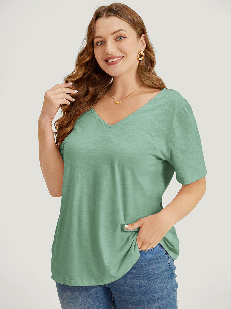 

Plus Size Plain V Neck Contrast Lace Backless T-shirt Mint Women Elegant Lace Plain V-neck Dailywear T-shirts BloomChic