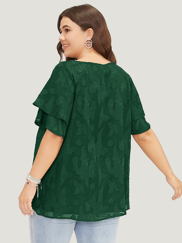 Plus Size DarkGreen Floral Print Ruffle Tiered Raglan Sleeve Mesh Blouse Women Elegant Short sleeve Round Neck Everyday Blouses BloomChic 22-24/3X 