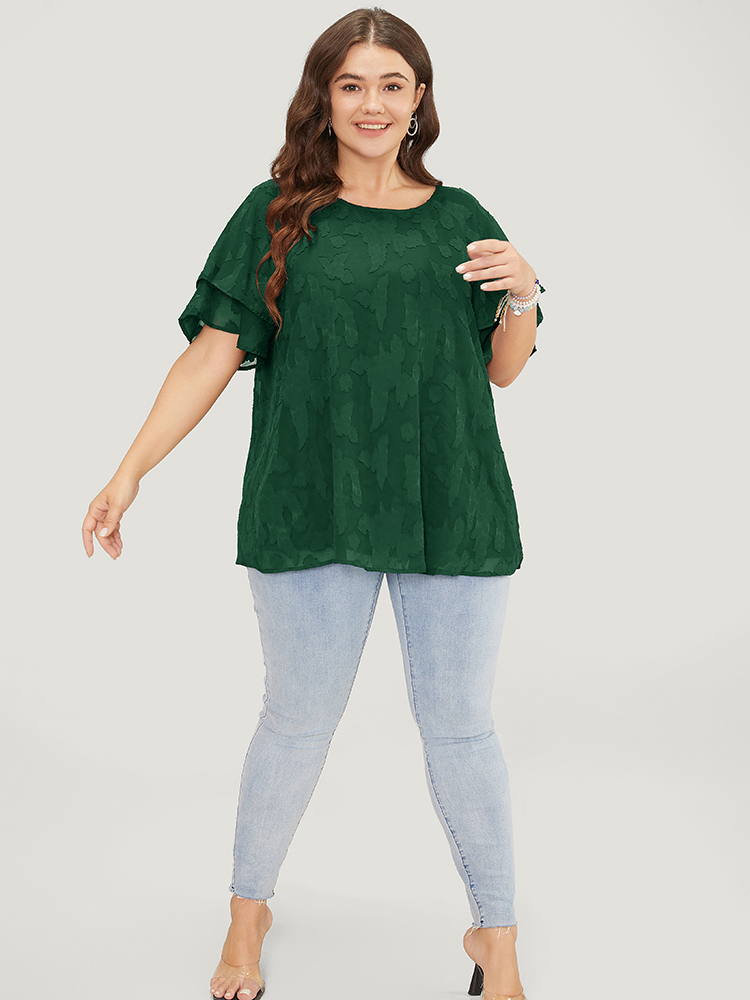 Plus Size DarkGreen Floral Print Ruffle Tiered Raglan Sleeve Mesh Blouse Women Elegant Short sleeve Round Neck Everyday Blouses BloomChic 22-24/3X 