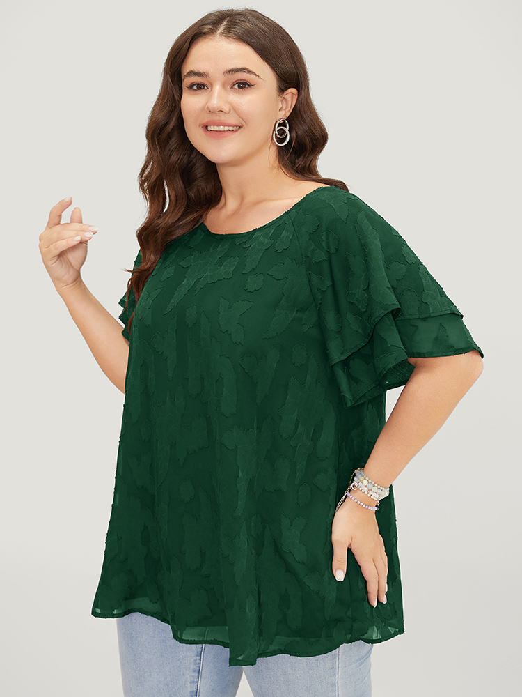 Plus Size DarkGreen Floral Print Ruffle Tiered Raglan Sleeve Mesh Blouse Women Elegant Short sleeve Round Neck Everyday Blouses BloomChic 22-24/3X 