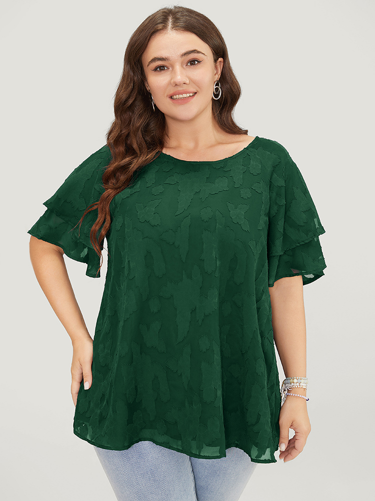 

Plus Size DarkGreen Floral Print Ruffle Tiered Raglan Sleeve Mesh Blouse Women Elegant Short sleeve Round Neck Everyday Blouses BloomChic