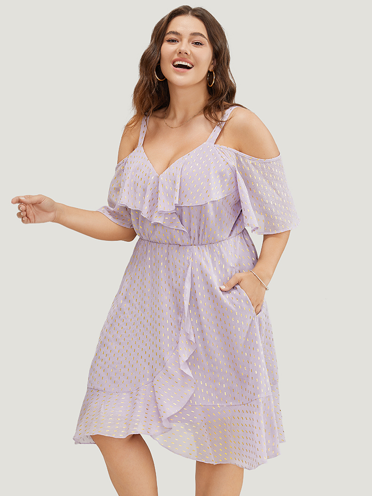 

Plus Size Geometric Ruffle Trim Cold Shoulder Pocket Wrap Asymmetrical Dress Lilac Women Party Lined Cold Shoulder Short sleeve Curvy Knee Dress BloomChic