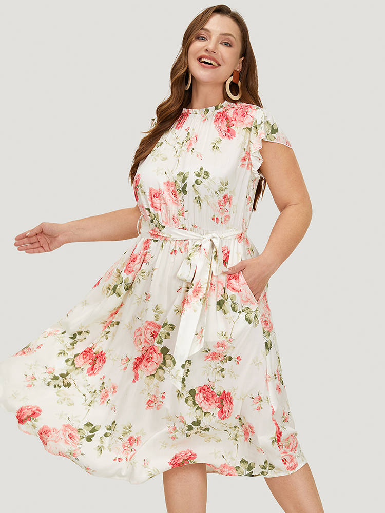 

Plus Size Floral Frill Trim Mock Neck Pocket Ruffle Belted Cap Sleeve Dress White Women Elegant Non Round Neck Short sleeve Curvy Midi Dress BloomChic