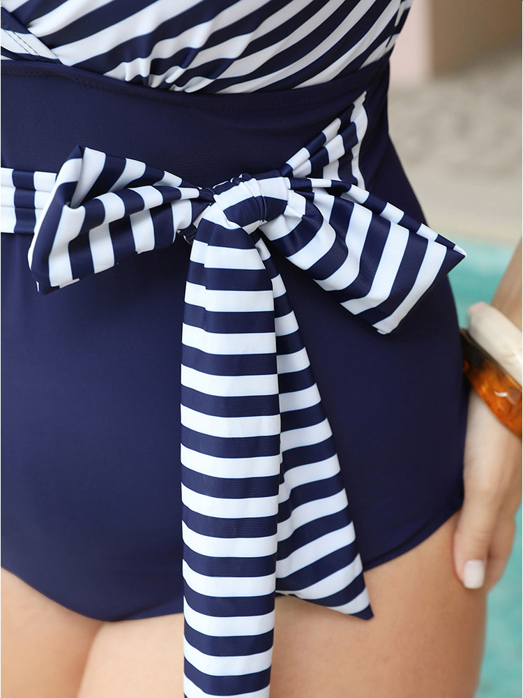 Striped Patchwork Wrap Knot Front One Piece Swimsuit BloomChic 