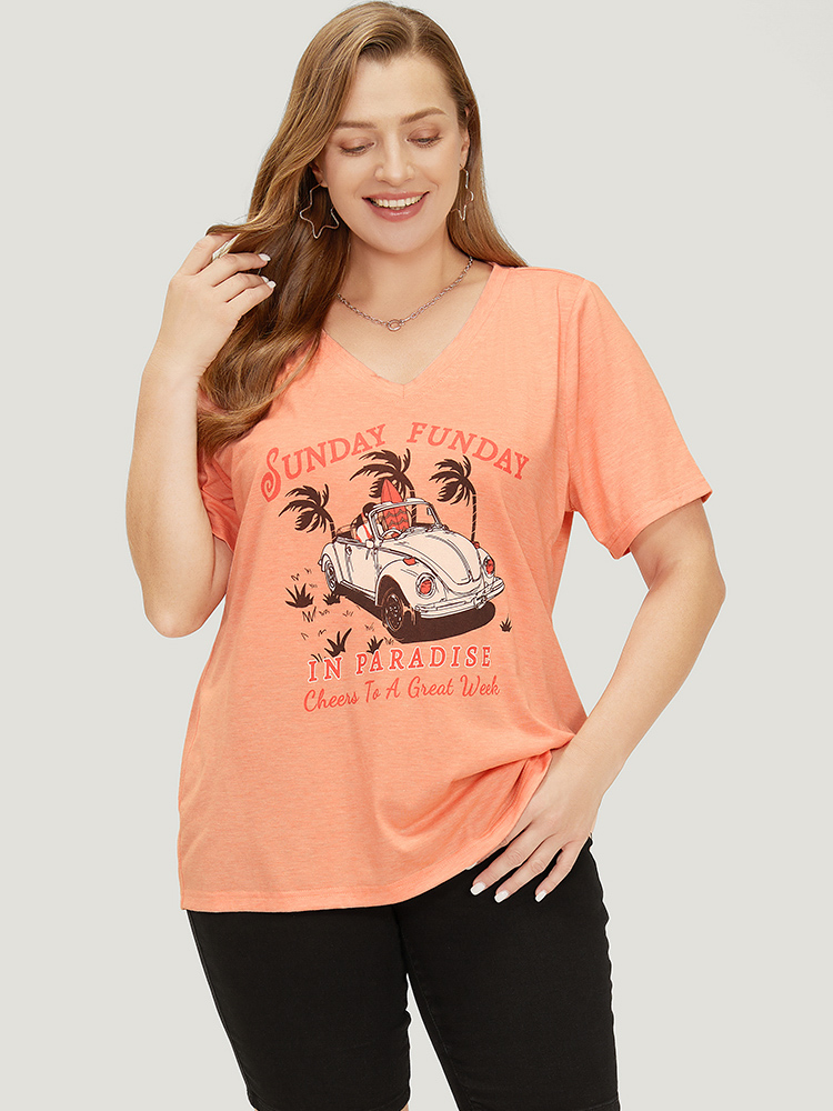 Plus Size Women Dailywear Tropical Regular Sleeve Short sleeve V-neck Casual T-shirts BloomChic 