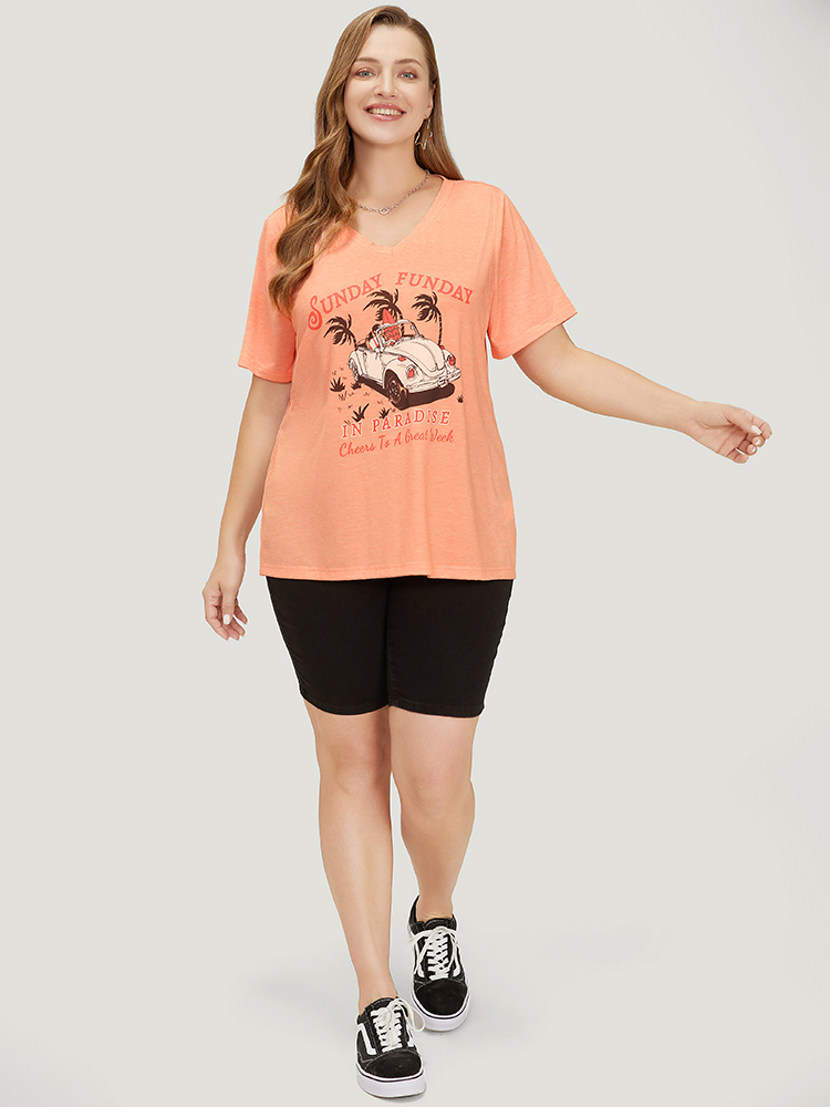 Plus Size Women Dailywear Tropical Regular Sleeve Short sleeve V-neck Casual T-shirts BloomChic 