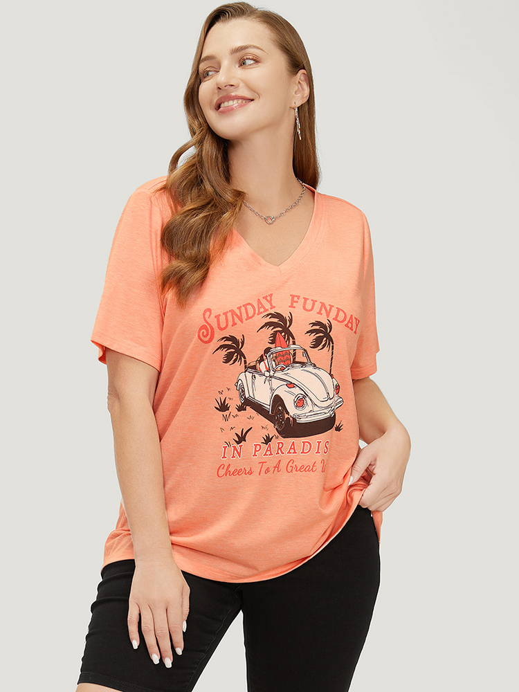 Plus Size Women Dailywear Tropical Regular Sleeve Short sleeve V-neck Casual T-shirts BloomChic 