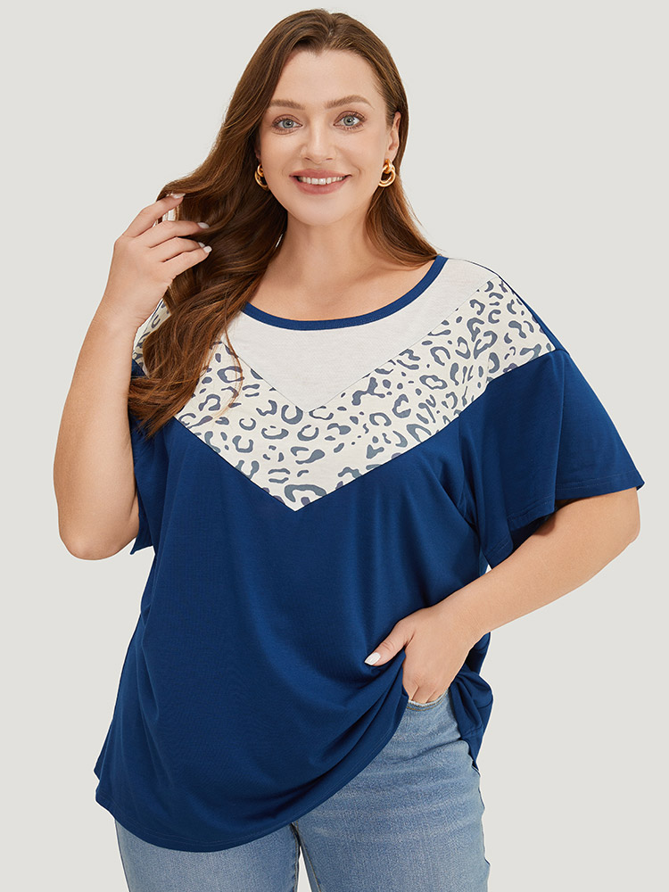 

Plus Size Leopard Contrast Batwing Sleeve Patchwork T-shirt Indigo Women Casual Contrast Colorblock Round Neck Dailywear T-shirts BloomChic