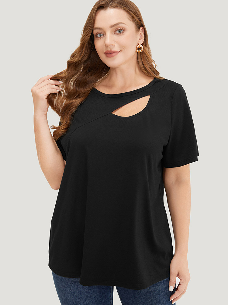 

Plus Size Solid Cut Out Crew Neck T-shirt Black Women Elegant Cut-Out Plain Round Neck Dailywear T-shirts BloomChic