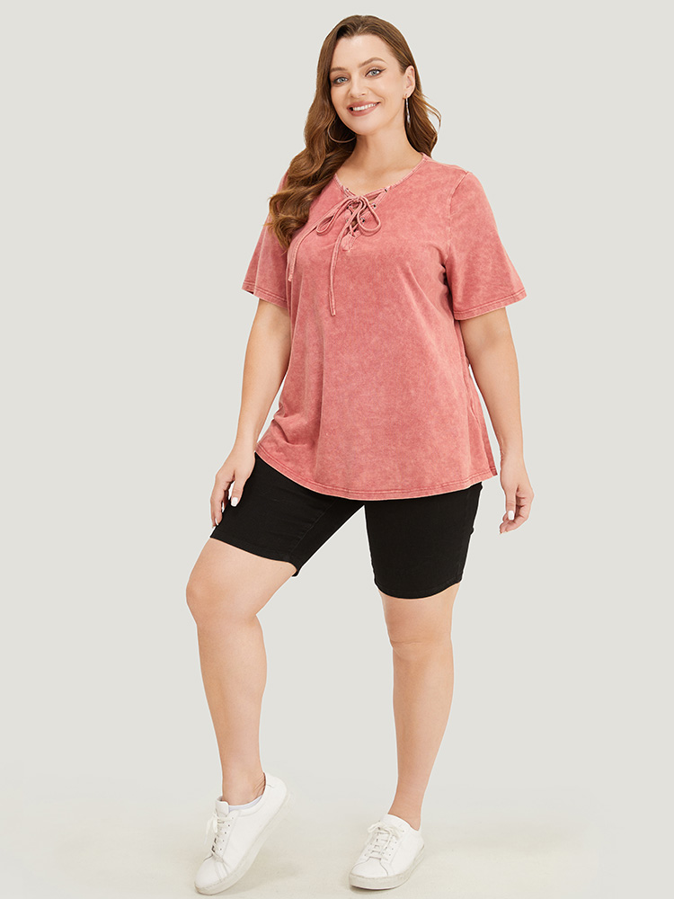 Plus Size Women Dailywear Plain Cross straps Regular Sleeve Short sleeve Round Neck Casual T-shirts BloomChic 