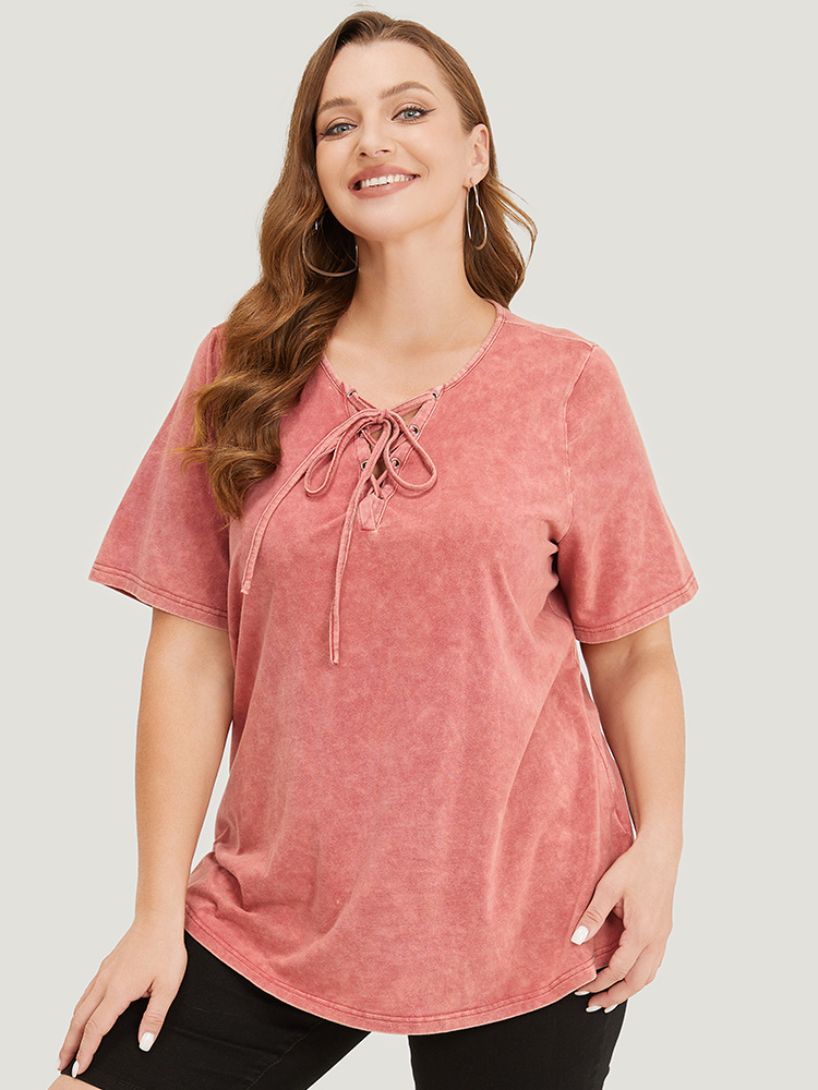 Plus Size Women Dailywear Plain Cross straps Regular Sleeve Short sleeve Round Neck Casual T-shirts BloomChic 