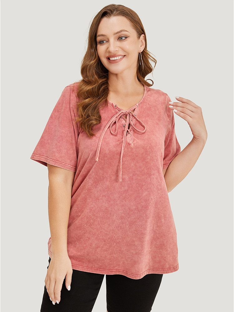 Plus Size Women Dailywear Plain Cross straps Regular Sleeve Short sleeve Round Neck Casual T-shirts BloomChic 