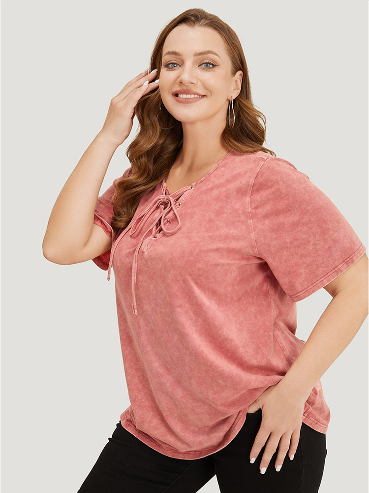 Plus Size Women Dailywear Plain Cross straps Regular Sleeve Short sleeve Round Neck Casual T-shirts BloomChic 