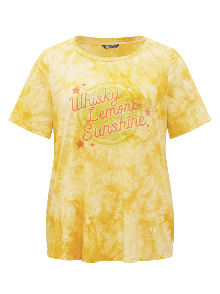 

Plus Size Lemon & Letter Print Crew Neck Tie Dye T-shirt Yellow Women Casual Graphic Dailywear T-shirts BloomChic