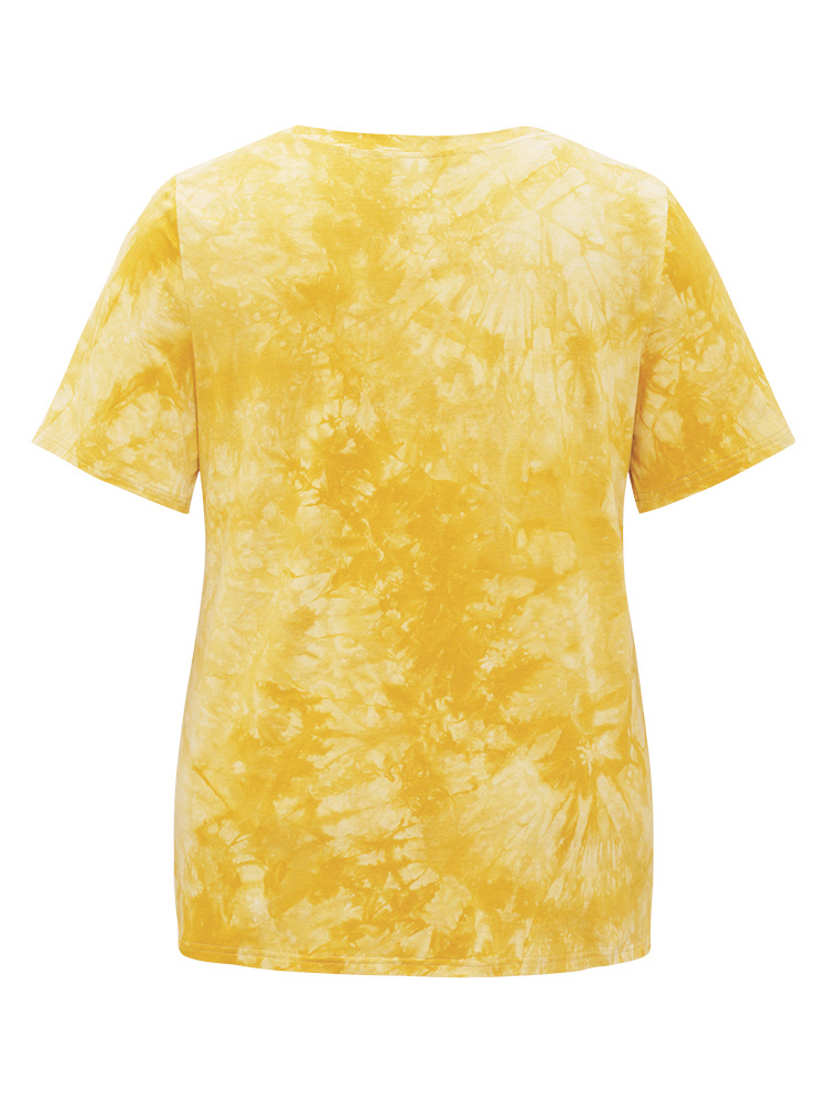 Plus Size Lemon & Letter Print Crew Neck Tie Dye T-shirt Yellow Women Casual Graphic Round Neck Dailywear T-shirts BloomChic 14-16/1X 