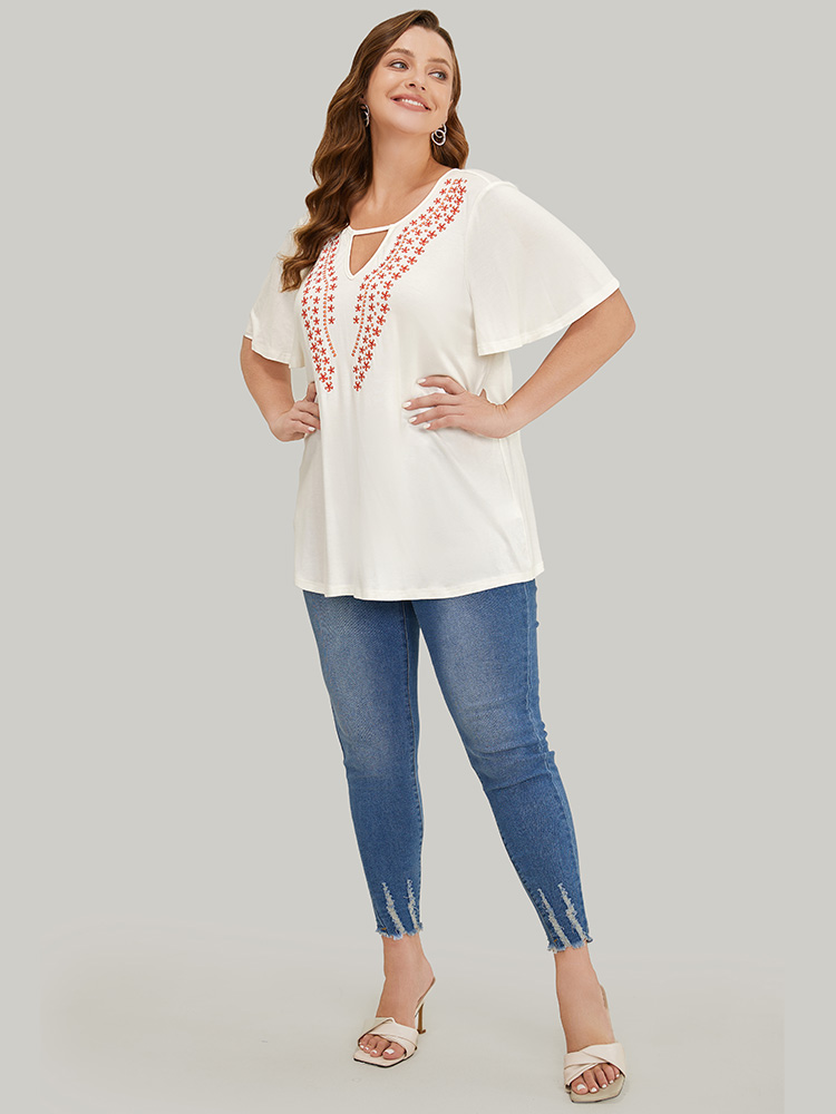 Plus Size Women Dailywear Plain Keyhole Ruffle Sleeve Short sleeve Scoop Neck Elegant T-shirts BloomChic 