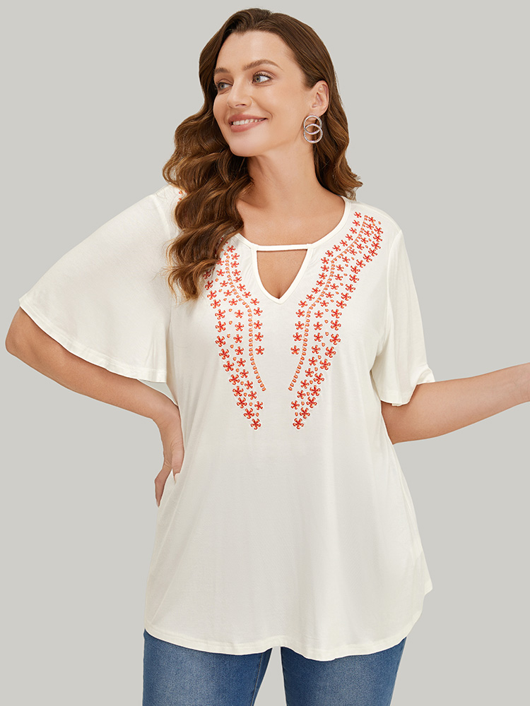 Plus Size Women Dailywear Plain Keyhole Ruffle Sleeve Short sleeve Scoop Neck Elegant T-shirts BloomChic 