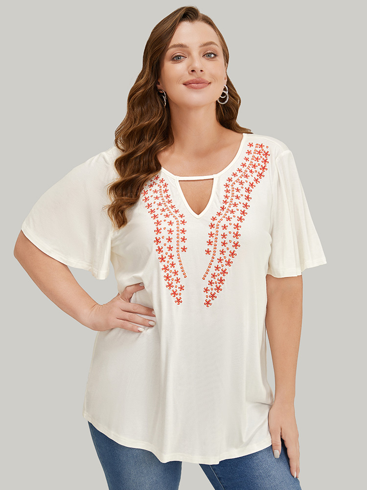 Plus Size Women Dailywear Plain Keyhole Ruffle Sleeve Short sleeve Scoop Neck Elegant T-shirts BloomChic 