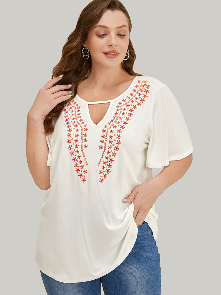 Plus Size Women Dailywear Plain Keyhole Ruffle Sleeve Short sleeve Scoop Neck Elegant T-shirts BloomChic 