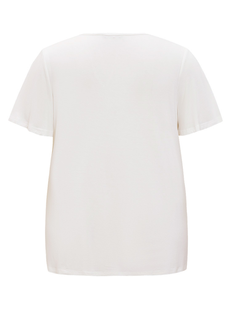 Plus Size Women Dailywear Plain Keyhole Ruffle Sleeve Short sleeve Scoop Neck Elegant T-shirts BloomChic 