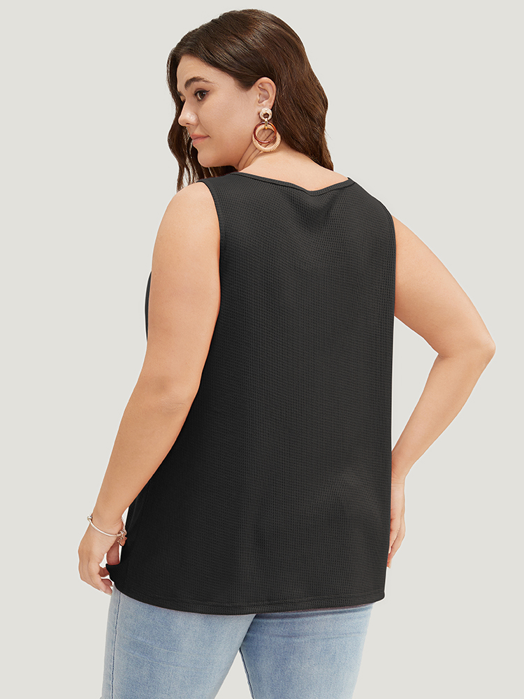 

Plus Size Solid Button Detail Waffle Knit Tank Top Women Black Casual Button Round Neck Everyday Tank Tops Camis BloomChic