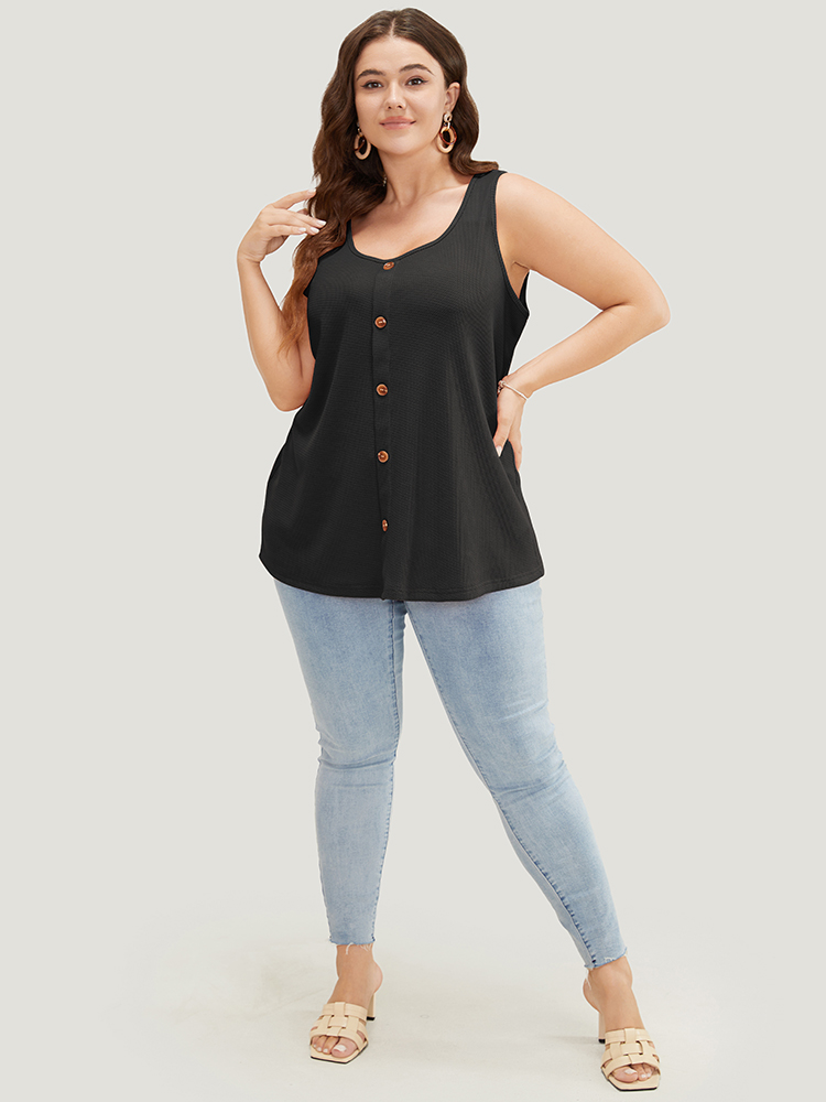 

Plus Size Solid Button Detail Waffle Knit Tank Top Women Black Casual Button Round Neck Everyday Tank Tops Camis BloomChic