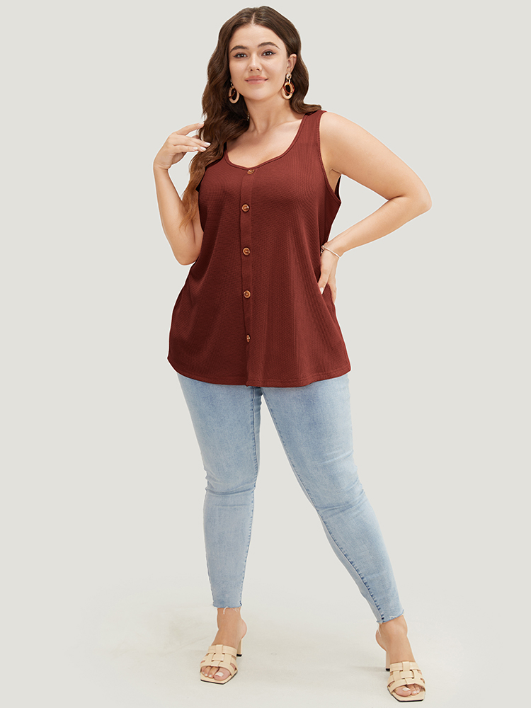 

Plus Size Solid Button Detail Waffle Knit Tank Top Women Scarlet Casual Button Round Neck Everyday Tank Tops Camis BloomChic