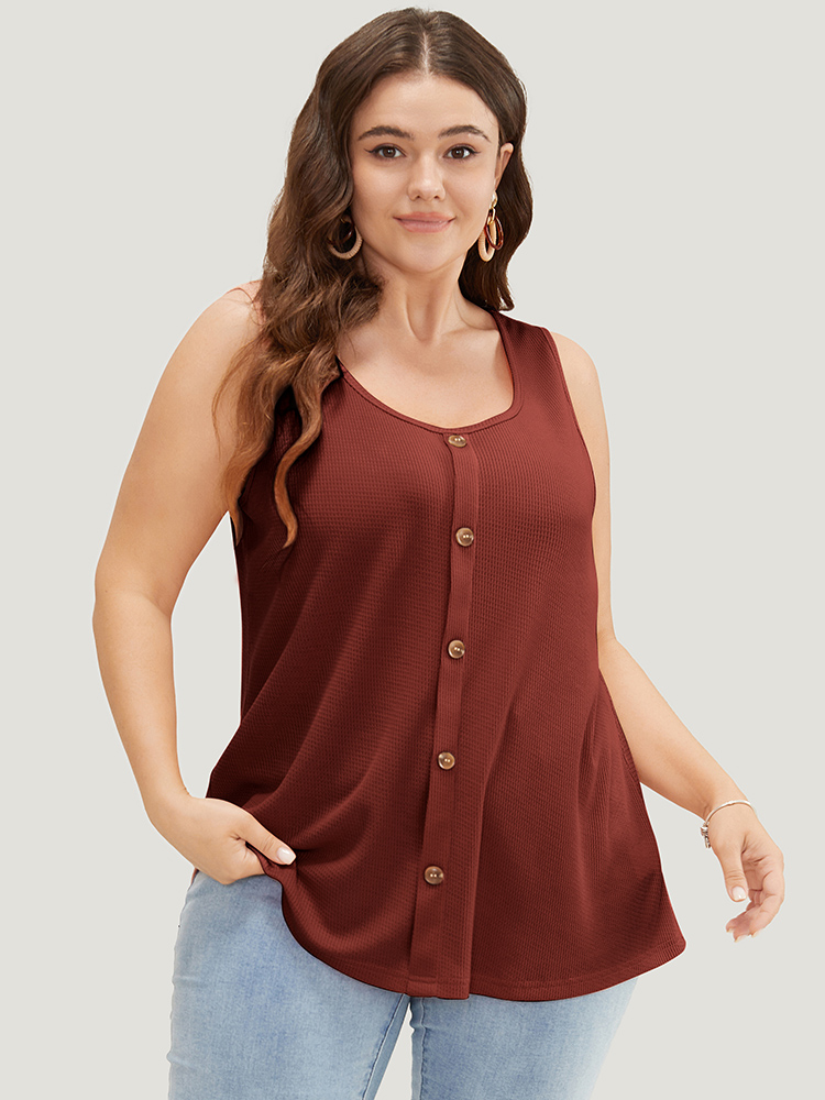 

Plus Size Solid Button Detail Waffle Knit Tank Top Women Scarlet Casual Button Round Neck Everyday Tank Tops Camis BloomChic