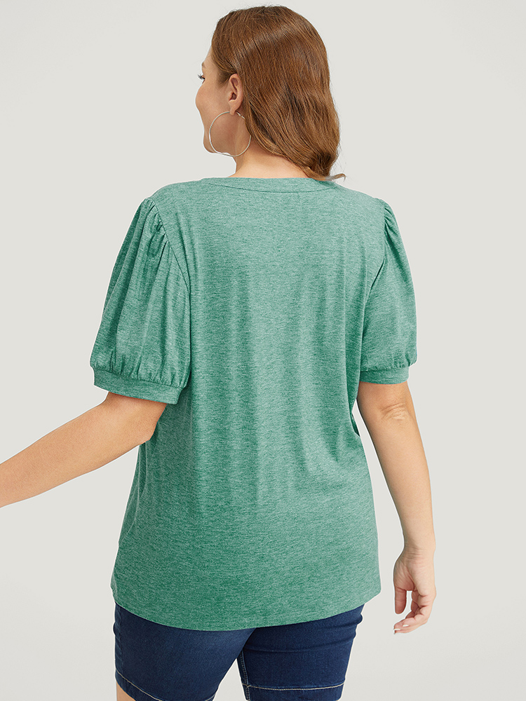 

Plus Size Plain Puff Sleeve V Neck Heather T-shirt Emerald V-neck Short sleeve Elegant Jersey Tops