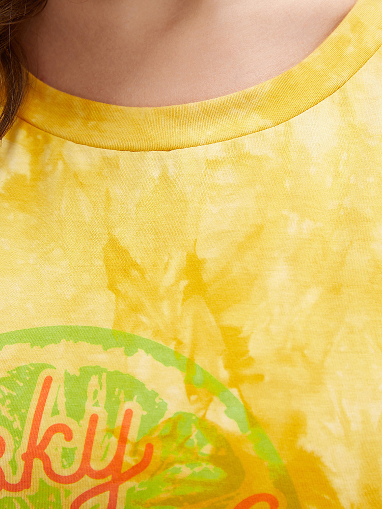 Plus Size Lemon & Letter Print Crew Neck Tie Dye T-shirt Yellow Women Casual Graphic Round Neck Dailywear T-shirts BloomChic 14-16/1X 
