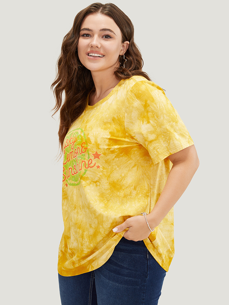 Plus Size Lemon & Letter Print Crew Neck Tie Dye T-shirt Yellow Women Casual Graphic Round Neck Dailywear T-shirts BloomChic 14-16/1X 