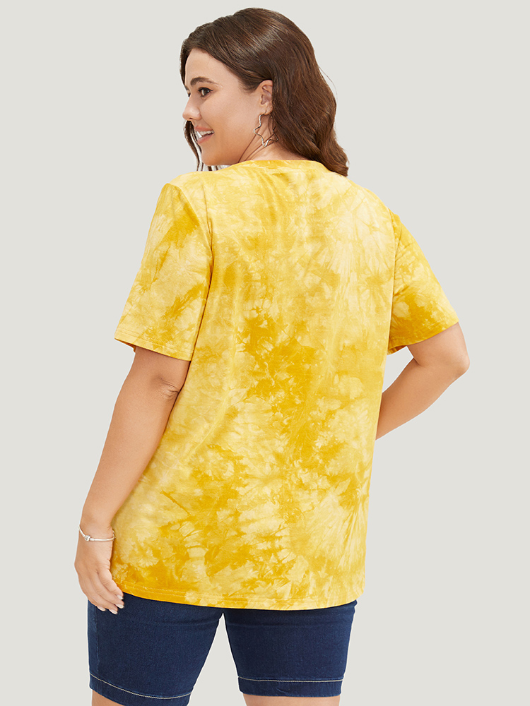 

Plus Size Lemon & Letter Print Crew Neck Tie Dye T-shirt Yellow Women Casual Graphic Round Neck Dailywear T-shirts BloomChic