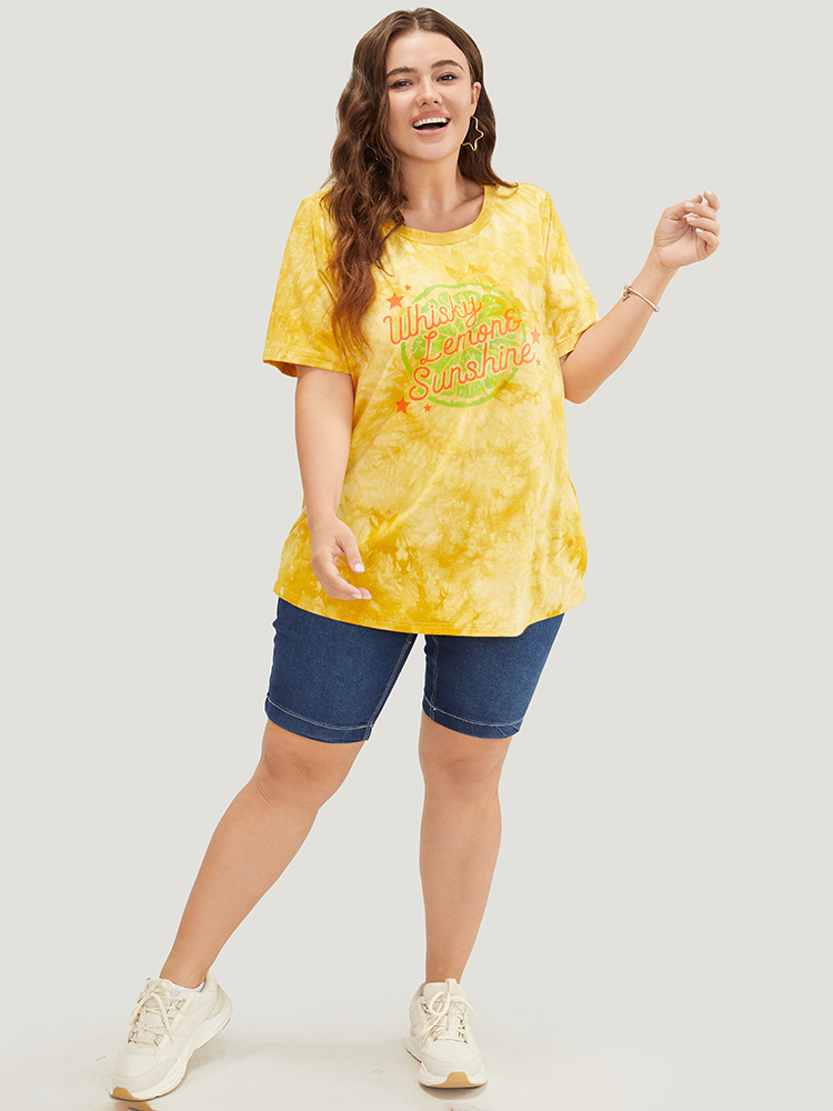 Plus Size Lemon & Letter Print Crew Neck Tie Dye T-shirt Yellow Women Casual Graphic Round Neck Dailywear T-shirts BloomChic 14-16/1X 