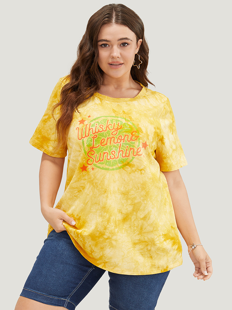 Plus Size Lemon & Letter Print Crew Neck Tie Dye T-shirt Yellow Women Casual Graphic Round Neck Dailywear T-shirts BloomChic 14-16/1X 