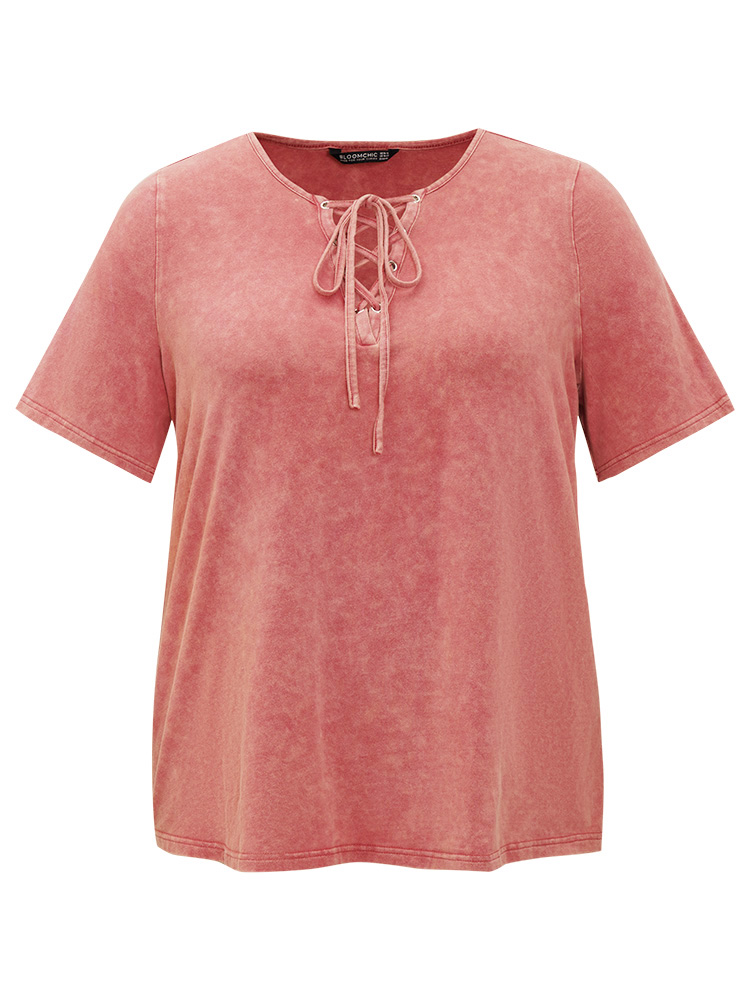 Plus Size Women Dailywear Plain Cross straps Regular Sleeve Short sleeve Round Neck Casual T-shirts BloomChic 