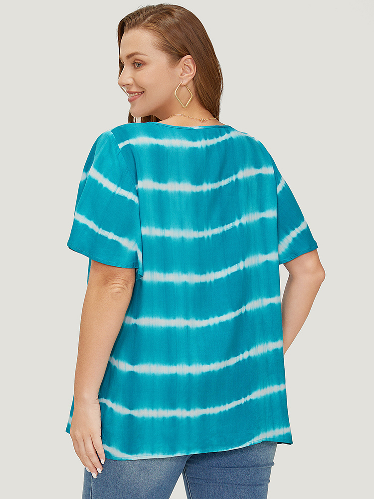 Plus Size Women Dailywear Striped Contrast Ruffle Sleeve Short sleeve V-neck Vacation Blouses BloomChic 