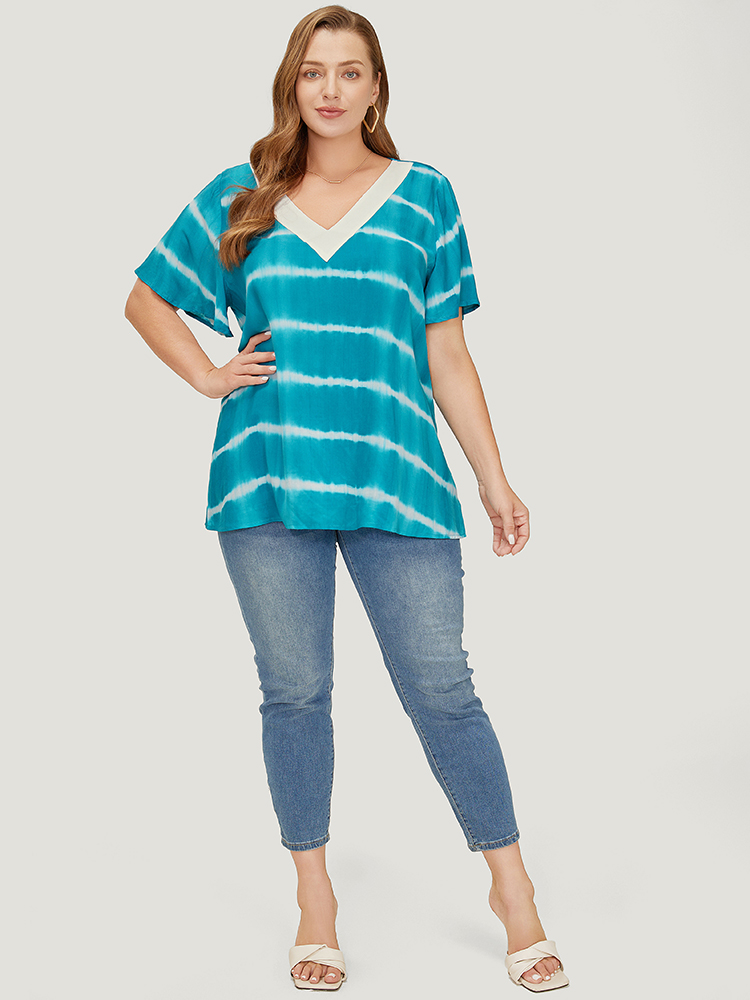 Plus Size Women Dailywear Striped Contrast Ruffle Sleeve Short sleeve V-neck Vacation Blouses BloomChic 