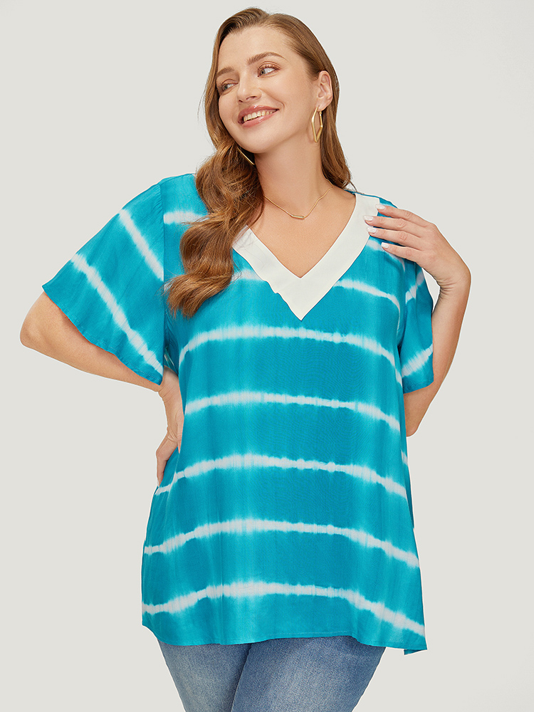 Plus Size Women Dailywear Striped Contrast Ruffle Sleeve Short sleeve V-neck Vacation Blouses BloomChic 