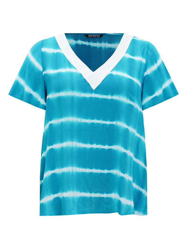 Plus Size Women Dailywear Striped Contrast Ruffle Sleeve Short sleeve V-neck Vacation Blouses BloomChic 