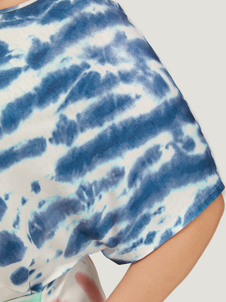 Plus Size Women Dailywear Tie Dye Knotted Dolman Sleeve Short sleeve Round Neck Pocket Belt Casual Dresses BloomChic 