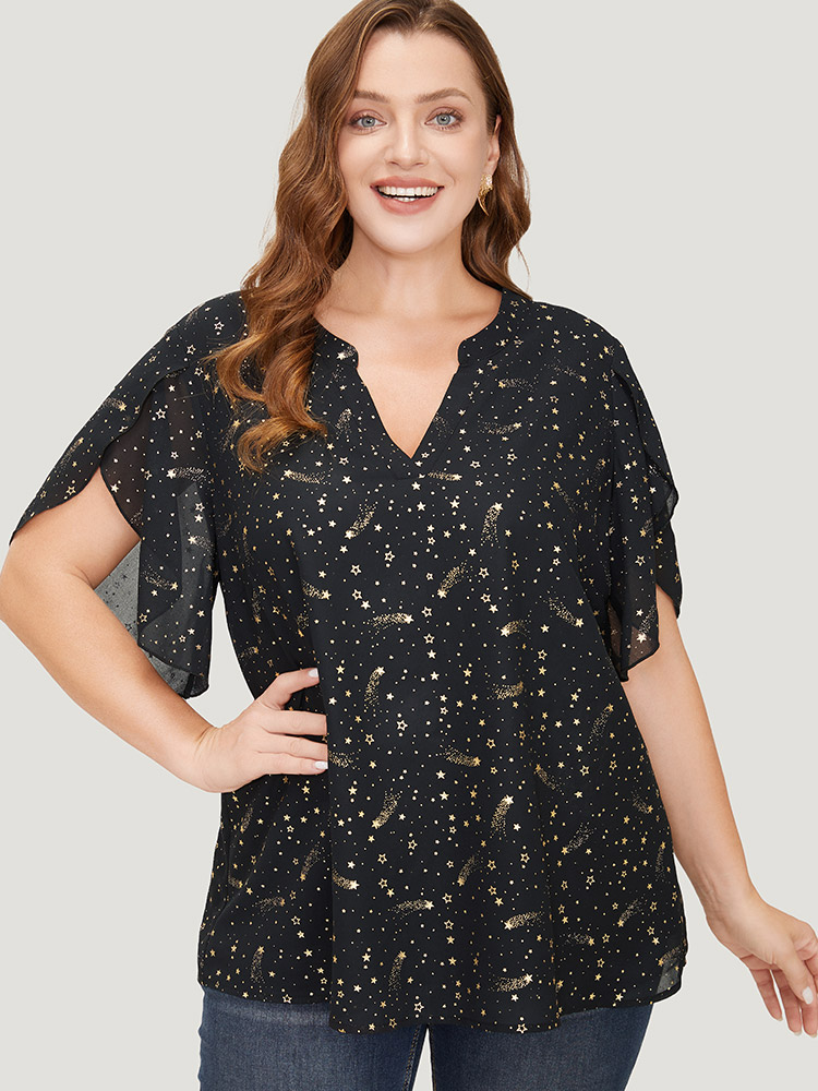 

Plus Size Black Glitter Star Print Notched Split Petal Sleeve Blouse Women Glamour Short sleeve Notched collar Going out Blouses BloomChic