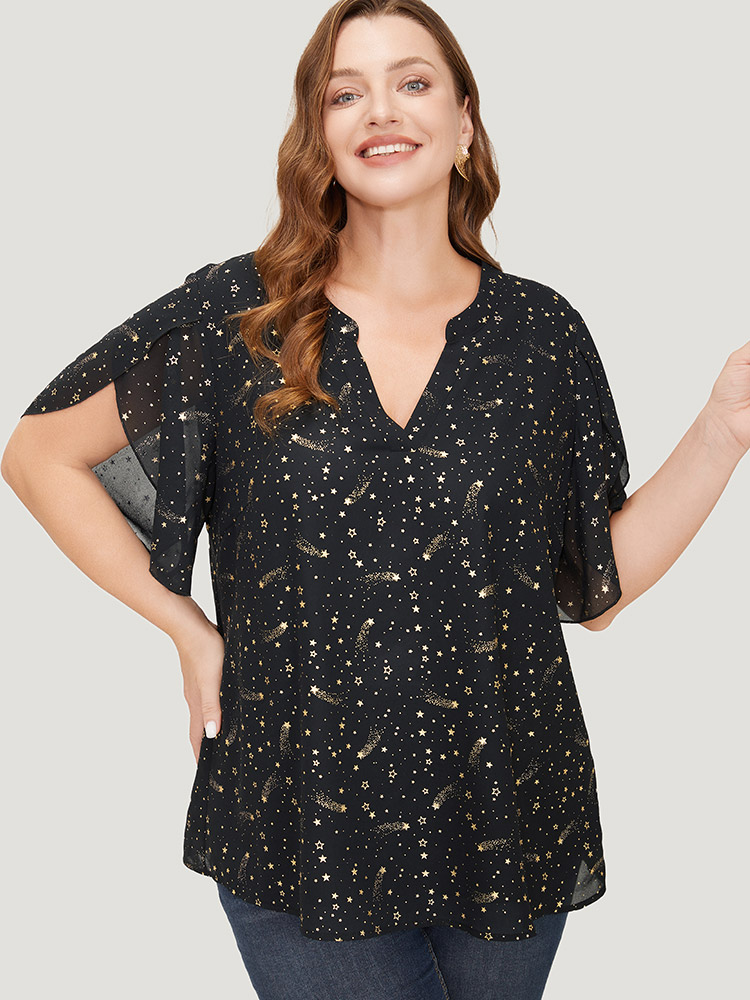 

Plus Size Black Glitter Star Print Notched Split Petal Sleeve Blouse Women Glamour Short sleeve Notched collar Going out Blouses BloomChic