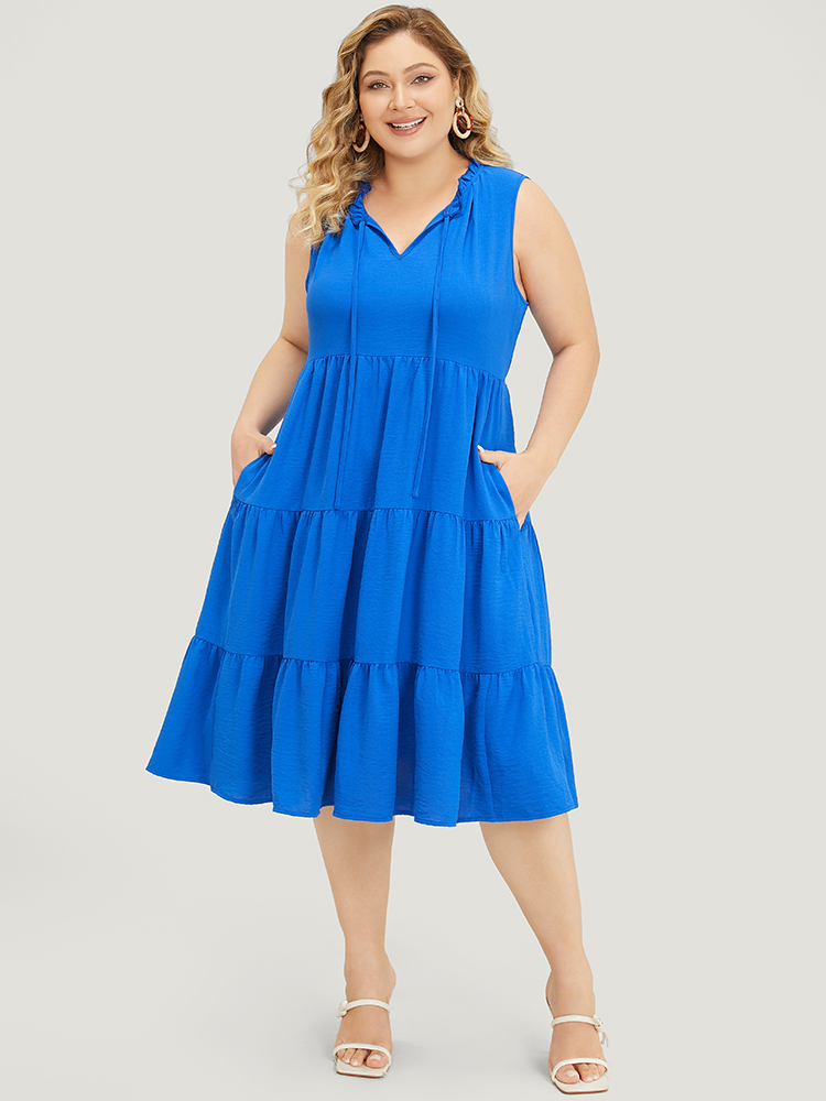 

Plus Size Plain Tie Neck Frill Trim Pocket Ruffle Tiered Dress Blue Women Frill Trim Tie Neck Sleeveless Curvy Midi Dress BloomChic