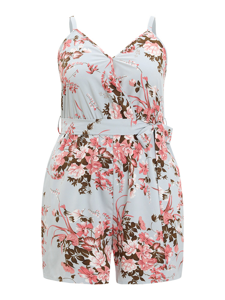 

Plus Size Floral Pocket Surplice Neck Belt Cami Romper LightBlue Floral Pocket Elegant Dailywear  Rompers Bloomchic