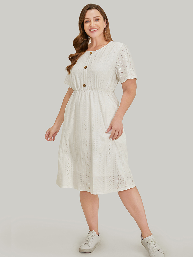 

Plus Size Solid Button Detail Pocket Broderie Anglaise Dress White Women Vacation Button Round Neck Short sleeve Curvy Midi Dress BloomChic