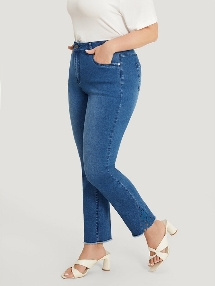 

Plus Size Very Stretchy High Rise Medium Wash Lace Insert Raw Hem Jeans Women Indigo Casual Plain Patchwork High stretch Pocket Jeans BloomChic