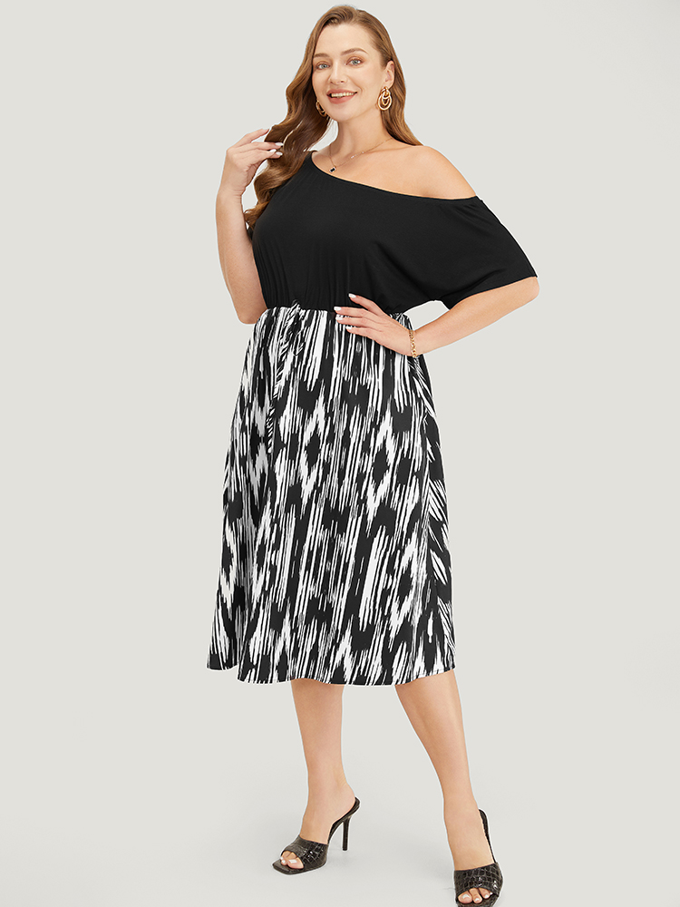 Plus Size Women Dailywear Geometric Gathered Regular Sleeve Short sleeve One Shoulder Pocket Elegant Dresses BloomChic 