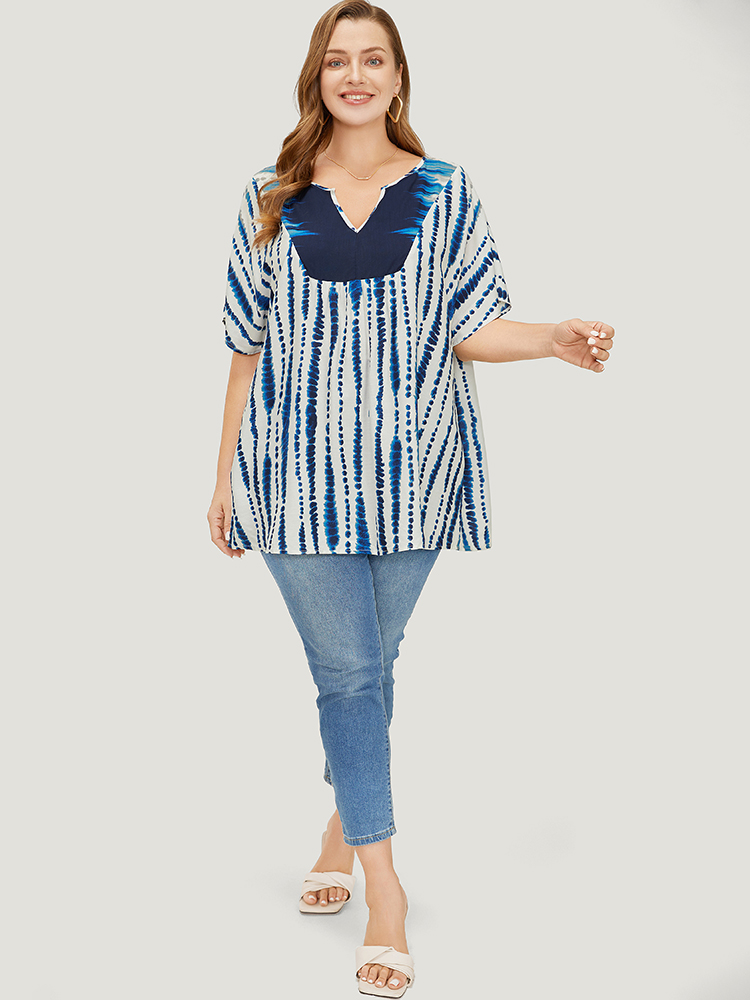 Plus Size Women Dailywear Tie Dye Tie Dye Dolman Sleeve Short sleeve Notched collar Vacation Blouses BloomChic 