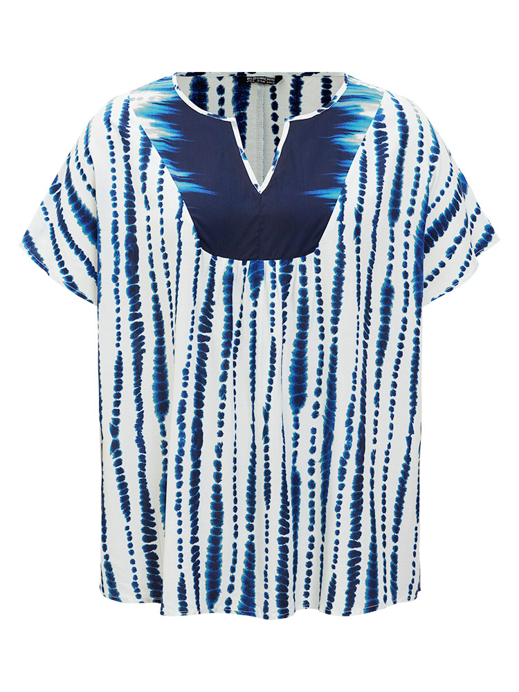 Plus Size Women Dailywear Tie Dye Tie Dye Dolman Sleeve Short sleeve Notched collar Vacation Blouses BloomChic 