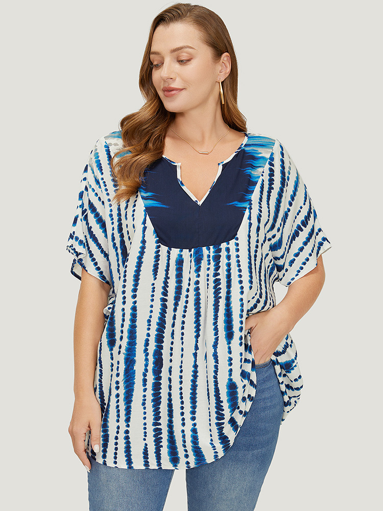 Plus Size Women Dailywear Tie Dye Tie Dye Dolman Sleeve Short sleeve Notched collar Vacation Blouses BloomChic 